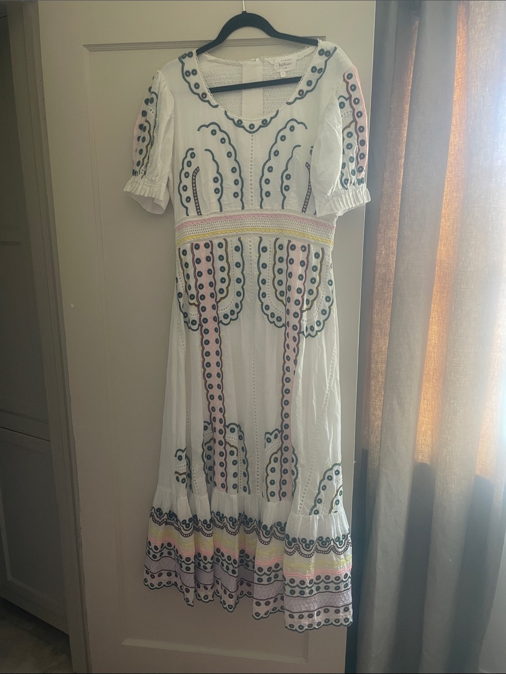 bohme White Maxi Dress with Navy, Pink, and Yellow Embroidery